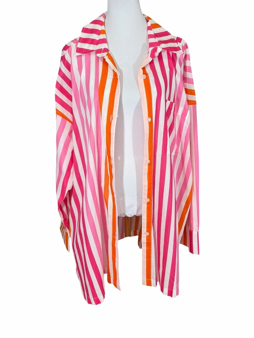 Beach Riot Alexa Coverup Button Down 100% Cotton Stripes Pink Orange Beach Swim